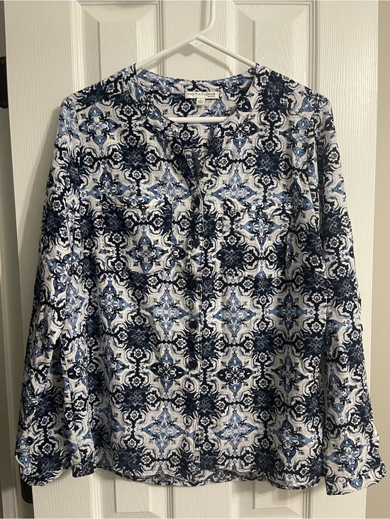 Notations Tops - Notations Navy and White Printed Button-Front Blouse